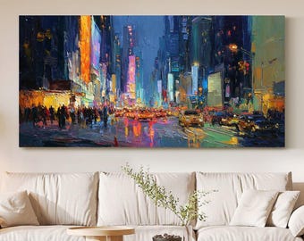 Vibrant Night Cityscape Oil Painting, Abstract Urban Street Wall Art, Colorful Neon Lights Canvas Art, Thick Impasto Metropolis Home Decor