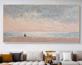 Serene Pastel Seascape Oil Painting, Textured Solitary Figure Wall Art, Calm Ocean Horizon On Canvas, Pink Sunset Beach Coastal Home Decor