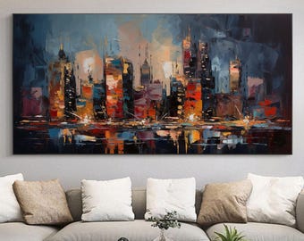 Original Abstract Cityscape Oil Painting on Canvas, Large Urban Landscape Wall Art, Custom Skyline Artwork, Modern Living Room Wall Decor