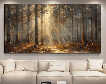 Ölgemälde „Goldener Wald“, Wandbild „Sonnenlichtbäume“, strukturierte Waldlandschaft, warmes Herbstmotiv, moderne Wohnzimmerdekoration