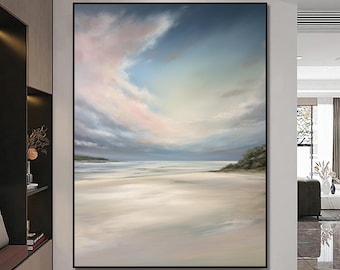 Coastal Beach Landscape Painting, Serene Ocean Canvas Wall Art, Pastel Sky And Sea Artwork, Handmade Minimalist Nature-Inspired Home Decor