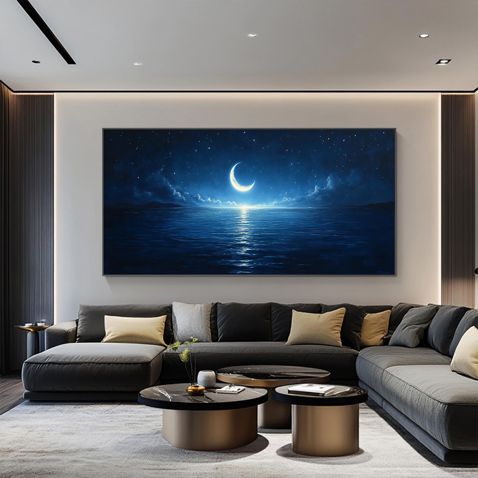 Crescent Moon Ocean Oil Painting, Night Sky Seascape Canvas Art, Blue ...