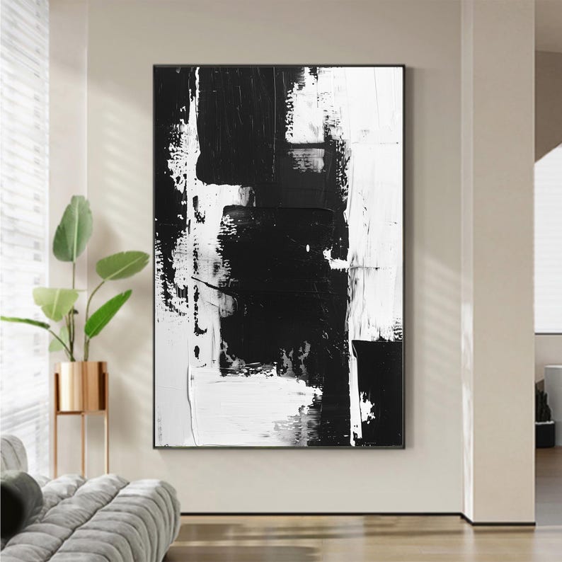 Original Black White Abstract Canvas Art, Large Minimalist Wall Art ...
