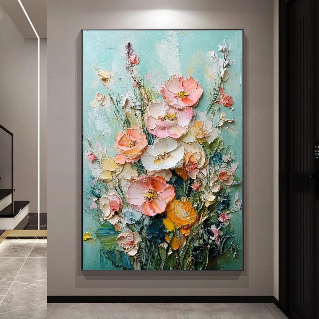 Textured Floral Oil Painting, 3D Palette Knife Flower Art, Modern ...