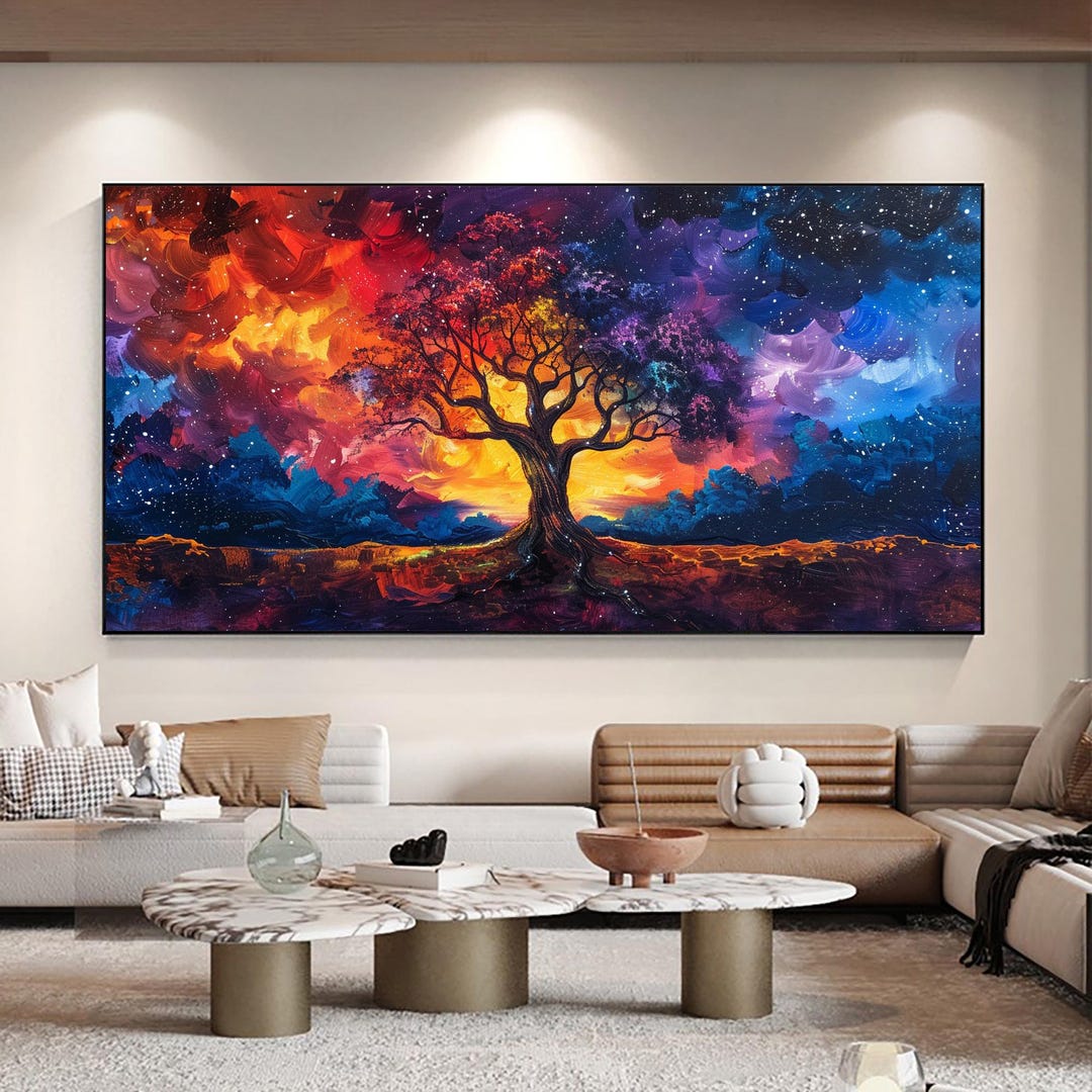 Abstract Tree of Life Painting, Colorful Galaxy Night Sky Canvas ...