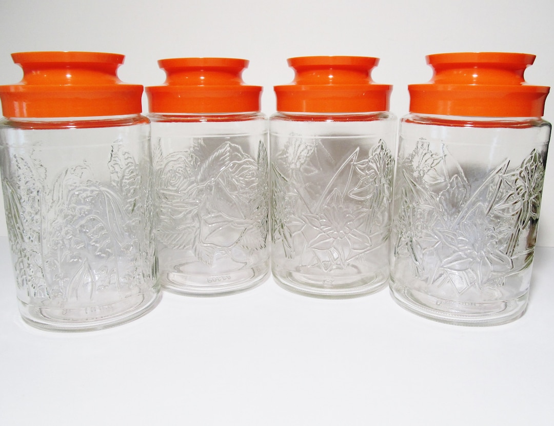 4 Vintage Tang Glass Canister Jars With Orange Plastic Lids Etsy