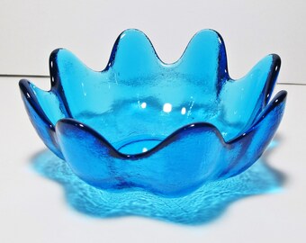 Blenko Glass 6143 8-Petal Blue Lotus Bowl Designed by Wayne Husted Vintage 1960s Cobalt Blue Glass