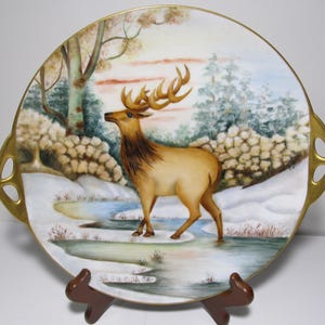 Antique Red Deer Stag Painted Hutschenreuther Gold Trim Bavaria Germany Platter Ceramic China