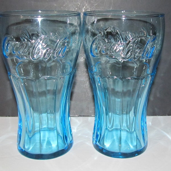 Collectible Cobalt Blue Glass Coca Cola - Large 16 oz Coke Tumblers Glasses Set Of 2