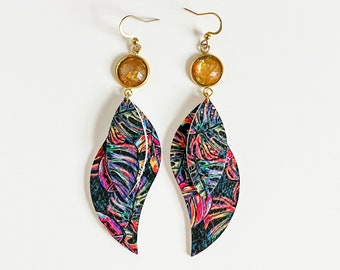 Neon Monstera Leaf Print Earrings, Twist Petal Earrings with Gold Orange Druzy Drops, Tropical Beachy Earrings, Monstera Gift for Her