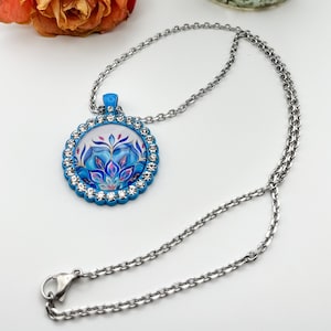 Boho Mandala Necklace, Blue Rhinestone Pendant Necklace with Bright Mandala, Quirky Necklace, Yoga Zen Seeker Gift, Best Friend Gift for Her