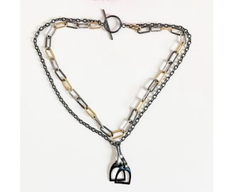 Stirrup Iron Equestrian Necklace, Two Strand Mixed Metal Paper Clip Chain Necklace with English Stirrup Pendant, Equestrian Gifts