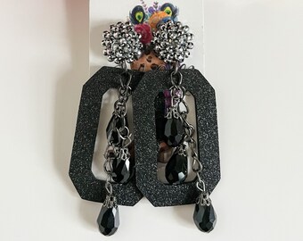 Black Shimmery Leather Earrings with Black Bead Dangles, Western Glam Rodeo Earrings, Earrings for Homecoming Concerts Parties