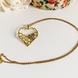 Gold Honeycomb Pendant Necklace, Heart Shaped Honeycomb with Silver Bee, Cute Honeybee Necklace, Gift for Bee Keeper