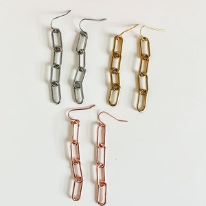 Brincos de corrente com clipe de papel, brincos de clipe de papel, brincos de corrente minimalistas, ouro rosa, prata, brincos pendentes de ouro