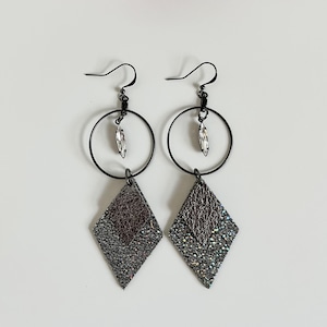 Gray Leather Dangle Hoop Earrings with Vintage Crystal Drops, Pewter Leather, Metallic Gray Leather, Diamond Shaped Gunmetal Earrings