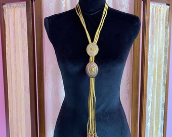 Modern Bolo Concho Necklace with Beaded Tips, Gold Deerskin Leather, Two Gold Conchos, Long Fringe Necklace, Western Statement Necklace