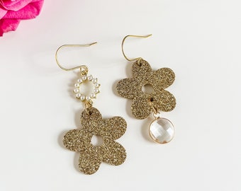 Mismatched Flower Dangle Earrings, Gold Glitter Leather with Rhinestones and Pearls, Boho Wedding Prom Earrings