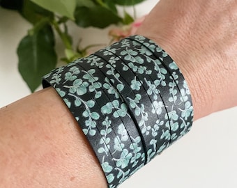 Boho Leather Slice Bracelet, Sage Green Floral and Black Cuff Bracelet, Boho Statement Bracelet, Wide Cuff Bracelet, Cottagecore Jewelry