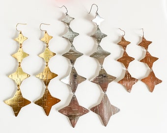 North Star Earrings in Metallic Cork on Leather, Festival Fashion Earrings, Big Western Glam Earrings, Silver Gold Rose Gold
