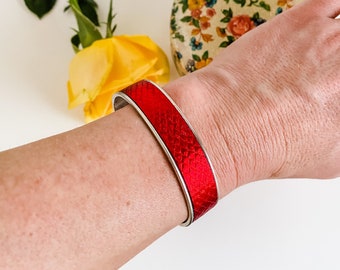 Red Leather Inlay Bracelet, Boho Leather Bangle Bracelet, Leather Cuff Bracelet, Red Python Bracelet, Best Friend Birthday Gift for Her