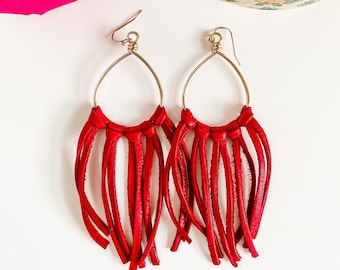 Red Leather Fringe Earrings, Boho Fringe Earrings, Teardrop Hoop Earrings with Red Fringe, Handmade Leather Earrings, Boho Chic Earrings
