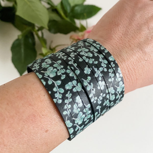 Boho Leather Slice Bracelet, Sage Green Floral and Black Cuff Bracelet, Boho Statement Bracelet, Wide Cuff Bracelet, Cottagecore Jewelry