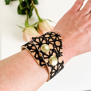 Wrap Around Leather Cuff Bracelet, Black Flocking on Natural Cork, Festival Jewelry, Whimsigoth Velvet Bracelet