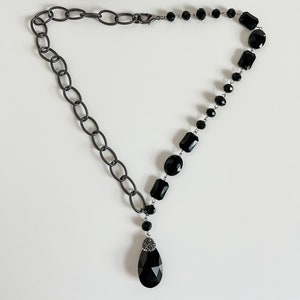 Chunky Gunmetal and Black Crystal Necklace, Asymmetrical Necklace, Crystal Bead Necklace Gunmetal Chain, Crystal Pendant, New Years Jewelry