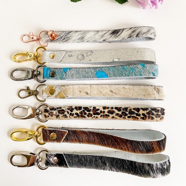 Hair on Hide Wristlet Strap, Wristlet Keychain, Boho Wristlet, Interchangeable Wristlet Strap, Purse Accessory, hide and hardware variety