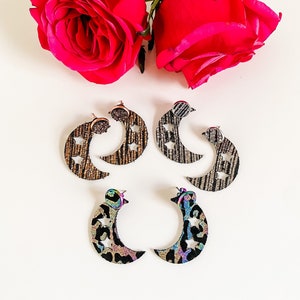 Crescent Moon Ear Jacket Earrings, Metallic Silver and Black Leather, Rainbow Leopard Print, Love You to the Moon and Back Earrings