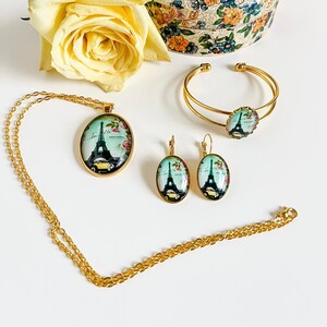 Set di gioielli con Torre Eiffel, gioielli in oro con scena vintage di Parigi, regalo per lei, collana con ciondolo Torre Eiffel, orecchini Torre Eiffel