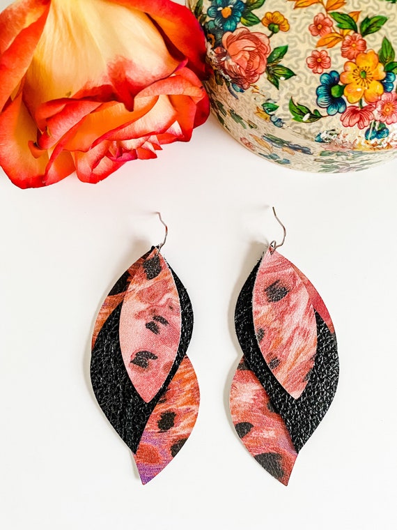 Leather Twist Petal Earrings, Abstract Leopard Print, Unique Statement Earrings, peach, melon, purple, black