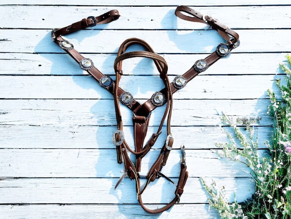 Western Leather Horse Tack Set, Dark Oil Breast Collar and Headstall with Martini Conchos Glitter Rosettes