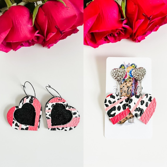Boho Leather Heart Earrings in Melon Peach Stripe with Black Leopard Spots, Hoop or Stud, Heart Dangle Earrings