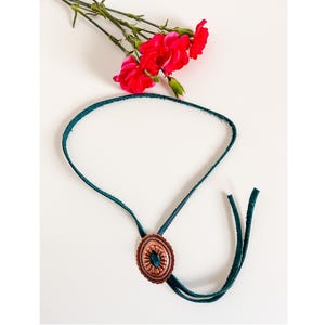 Modern Bolo Tie Necklace, Distressed Teal Leather Concho Necklace, Western Statement Necklace, Punchy Jewelry, choose concho color