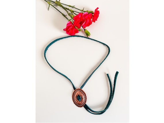 Modern Bolo Tie Necklace, Distressed Teal Leather Concho Necklace, Western Statement Necklace, Punchy Jewelry, choose concho color
