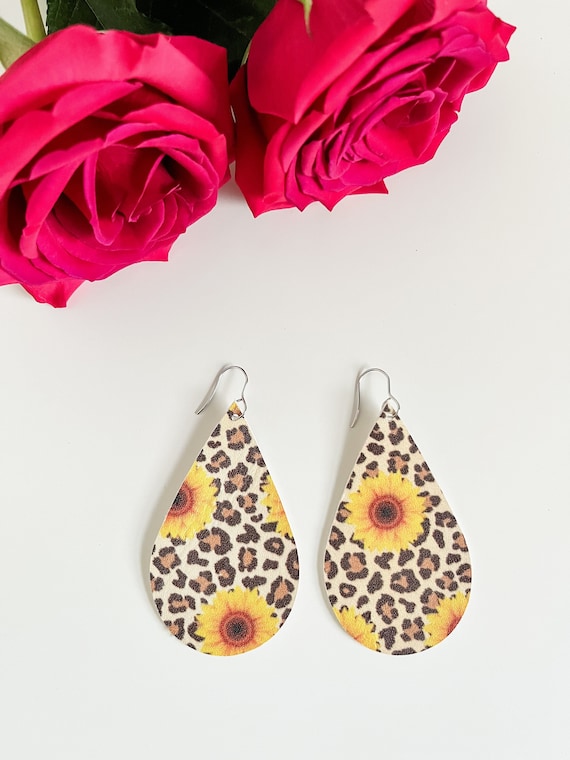 Sunflower Leopard Print Leather Teardrop Earrings, Festival Earrings