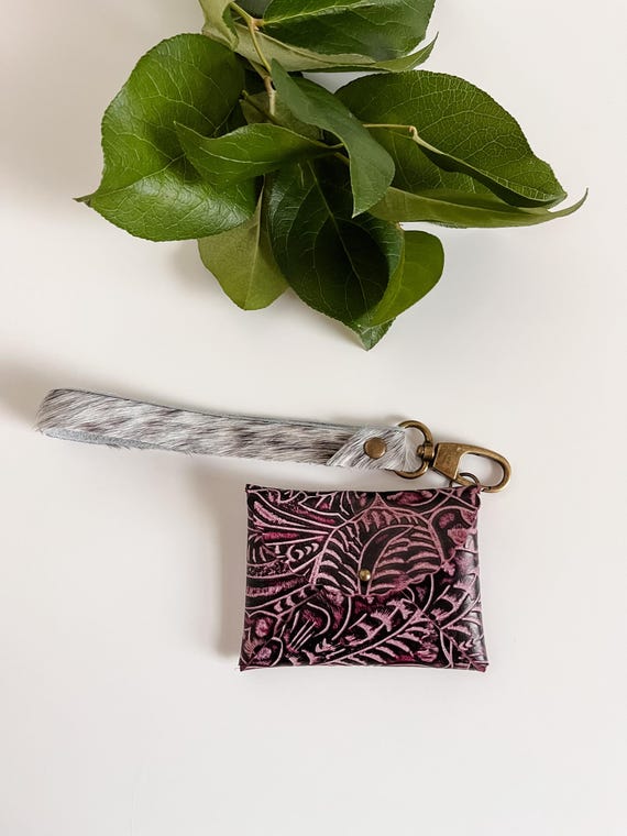 Purple Western Leather Card Holder, Mini Wallet with Hair on Hide Wristlet Strap, Coin Purse, Western Handbag Accessories