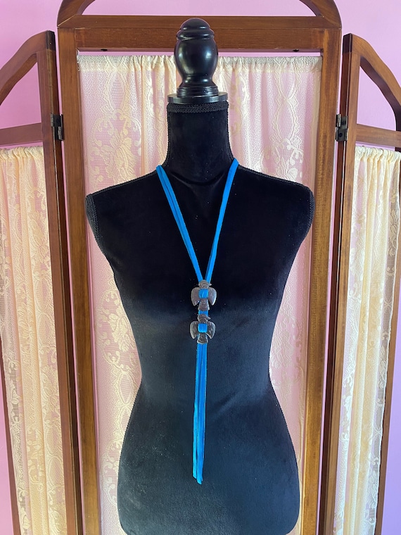 Thunderbird Bolo Tie Necklace, Two Concho Fringe Bolo, Turquoise Deerskin Leather, Western Y Necklace