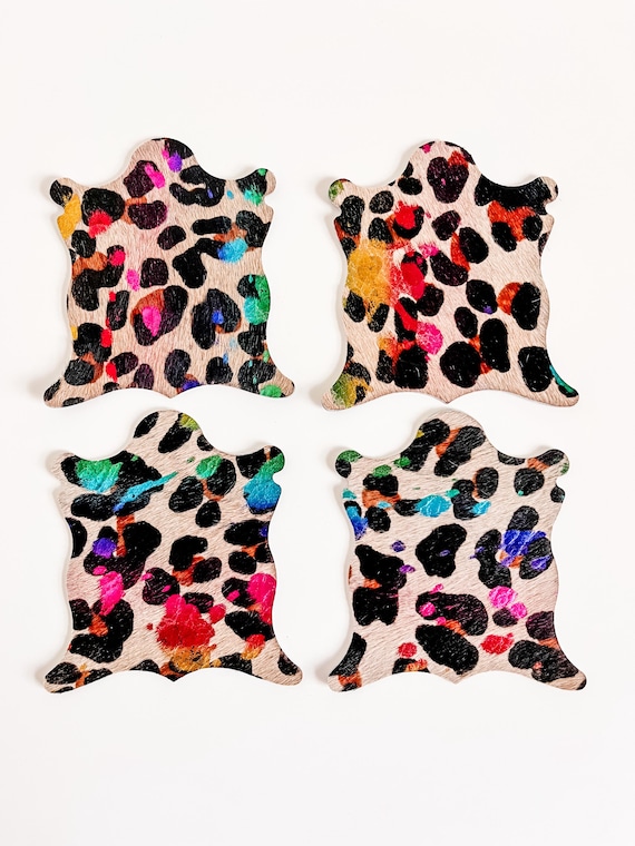 Cheetah Print Cowhide Coasters, Mug Rug Coaster Set, Boss Babe Gift