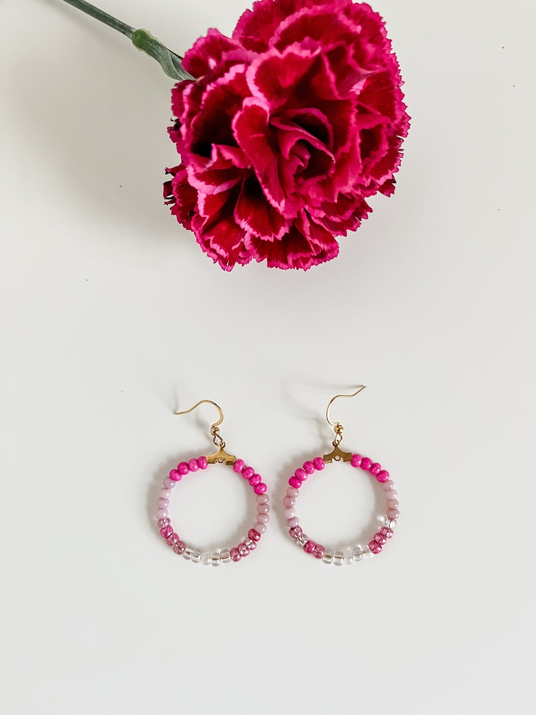 Pink Seed Bead Earrings Handmade Bead Earrings Pink and Gold Etsy