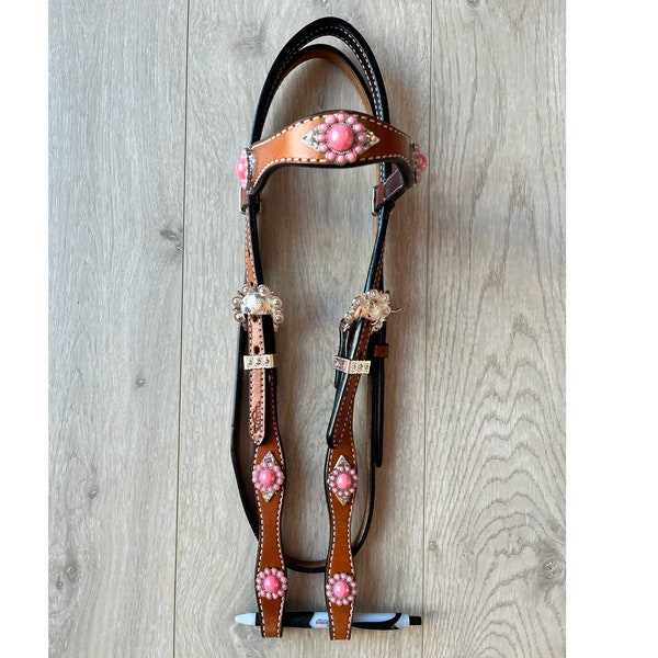 Western Horse Headstall, Leather Bling Headstall, Pink Conchos Glitter Headstall, Barrel Racing Tack, Pink Horse Tack, The Gumdrop Headstall