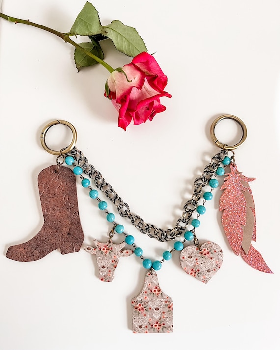 Bag Swag Purse Chain with Western Bag Charms, Peach Leather Feather Flair, Turquoise Western Purse Accessories, Highland Cow Print