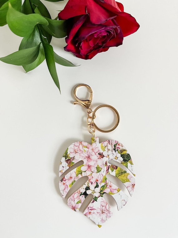 Monstera Leaf Purse Charm in Cherry Blossom Print Cork on Leather, Pink Bag Charm, Bag Swag Bag Flair, Monstera Keychain