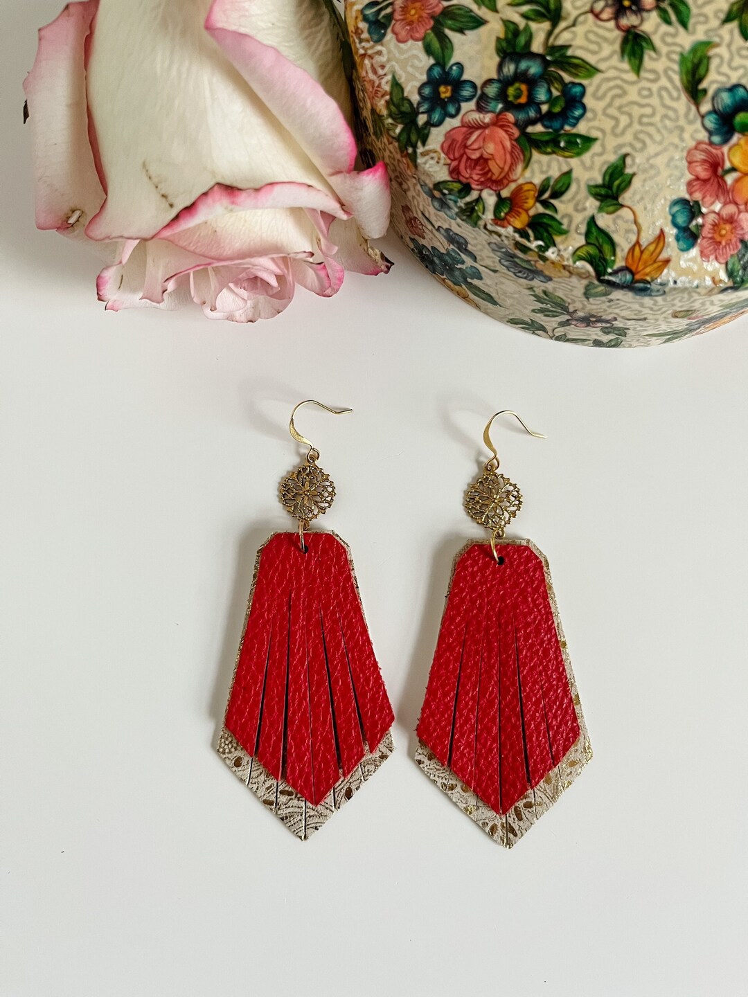 Boho Leather Fringe Earrings Red Fringe Earrings Gold Etsy