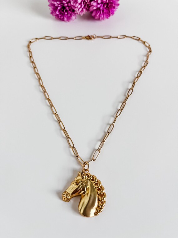 Gold Horse Head Necklace, Western Necklace Paper Clip Chain, Equestrian Jewelry, NFR Outfits