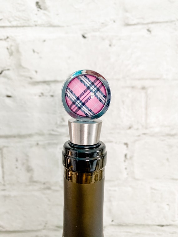 Wine Bottle Stopper in Pink and Black Tartan Plaid, Plaid Barware, Mothers Day Wine Enthusiast Gift for Woman Who Has Everything