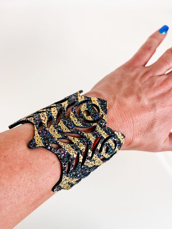 Filigree Feather Bracelet in Jewel Tones and Gold Tiger Stripe Glitter Leather, Western Glam Concert Jewelry