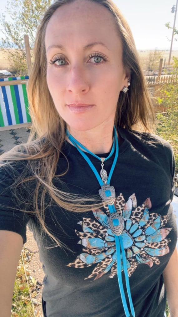 Turquoise Deerskin Wrap Around Necklace, Modern Bolo Tie Necklace, Long Fringe Western Necklace, Eagle Feather Pendant Arrowhead Conchos